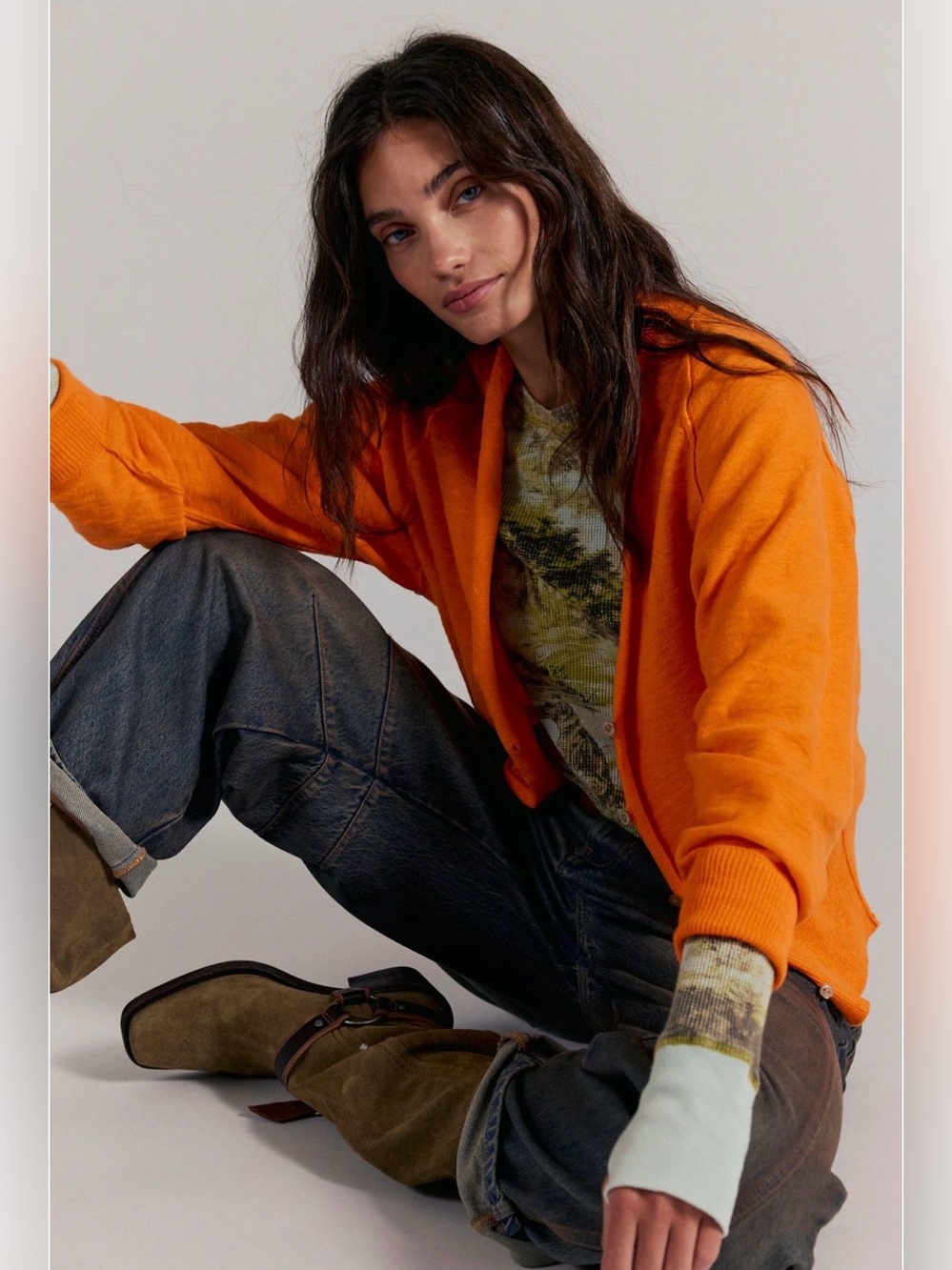 NWT Free People Kait Cardi Cotton-Linen Orange V-Neck Cardigan Sweater